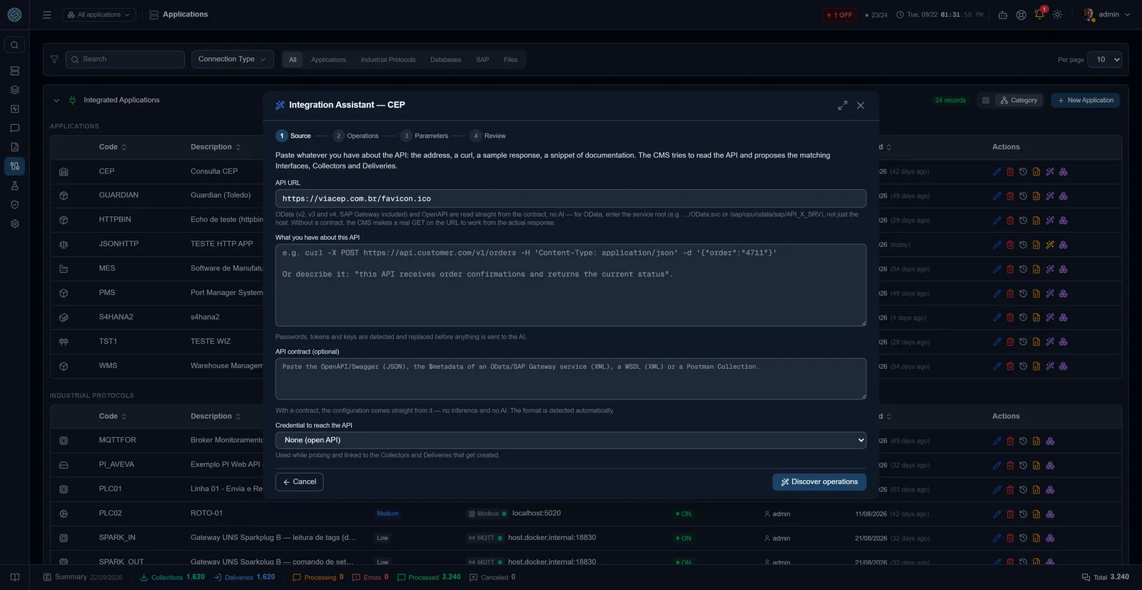 Integration Assistant: you give the API address and, when there is one, the contract — CMS discovers the operations and proposes the Interfaces, Collections and Deliveries.
