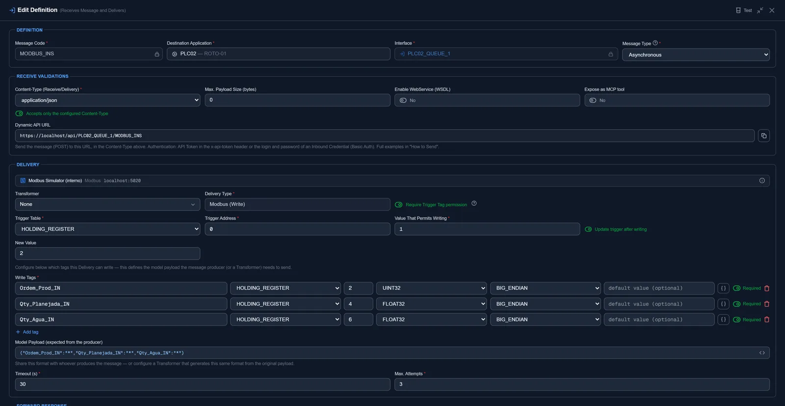 Delivery Definition — Destination contract: protocol, timeout, retries and transformer.