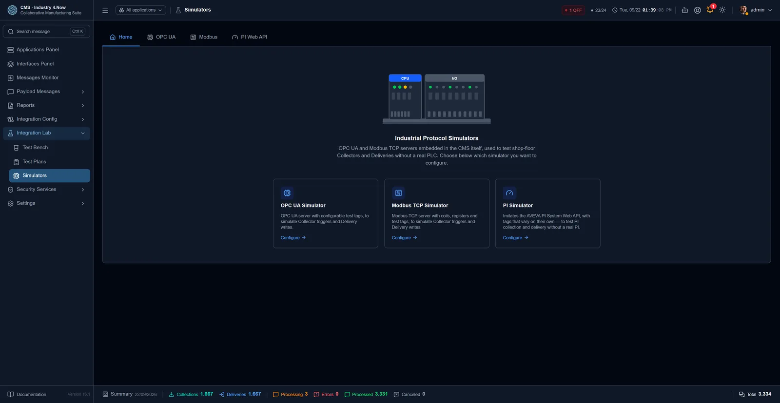 Simulators — Built-in OPC UA, Modbus and PI Web API servers, to test without hardware.