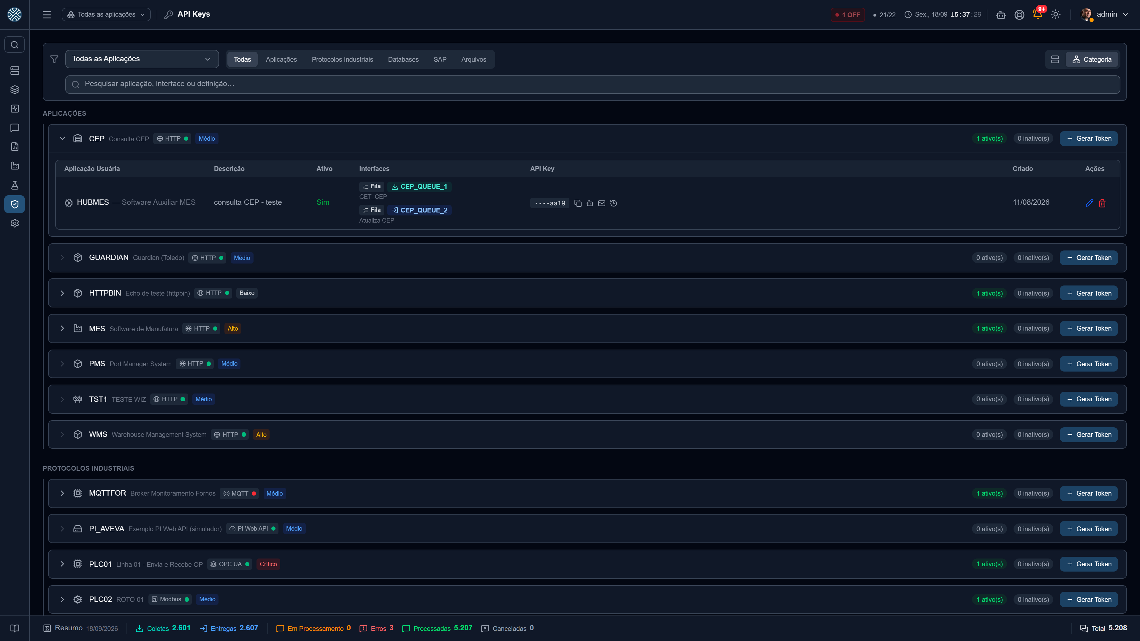 Tokens por aplicação, com histórico de cópias