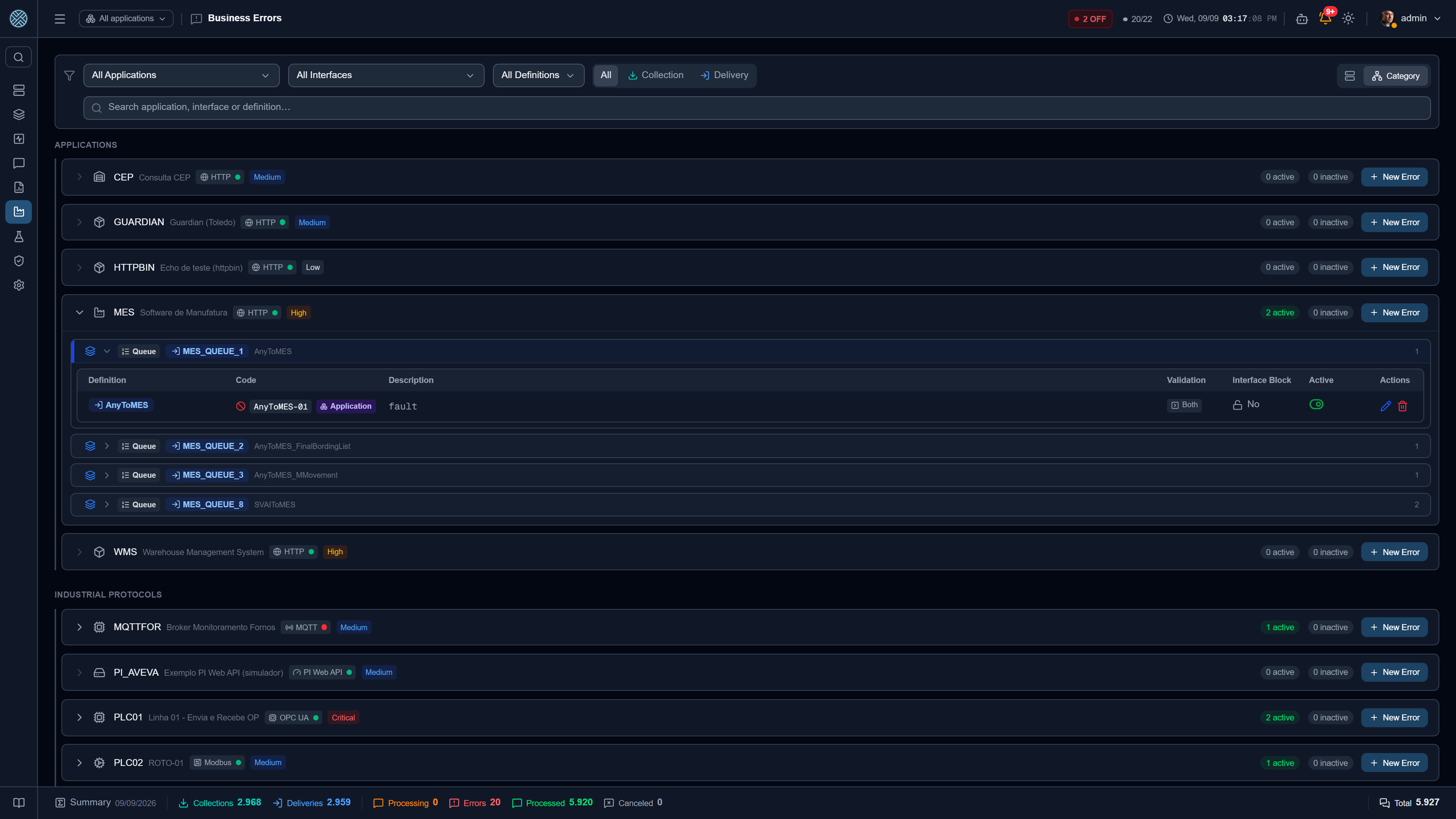 Rules grouped by Application and Interface, with scope, validation and blocking