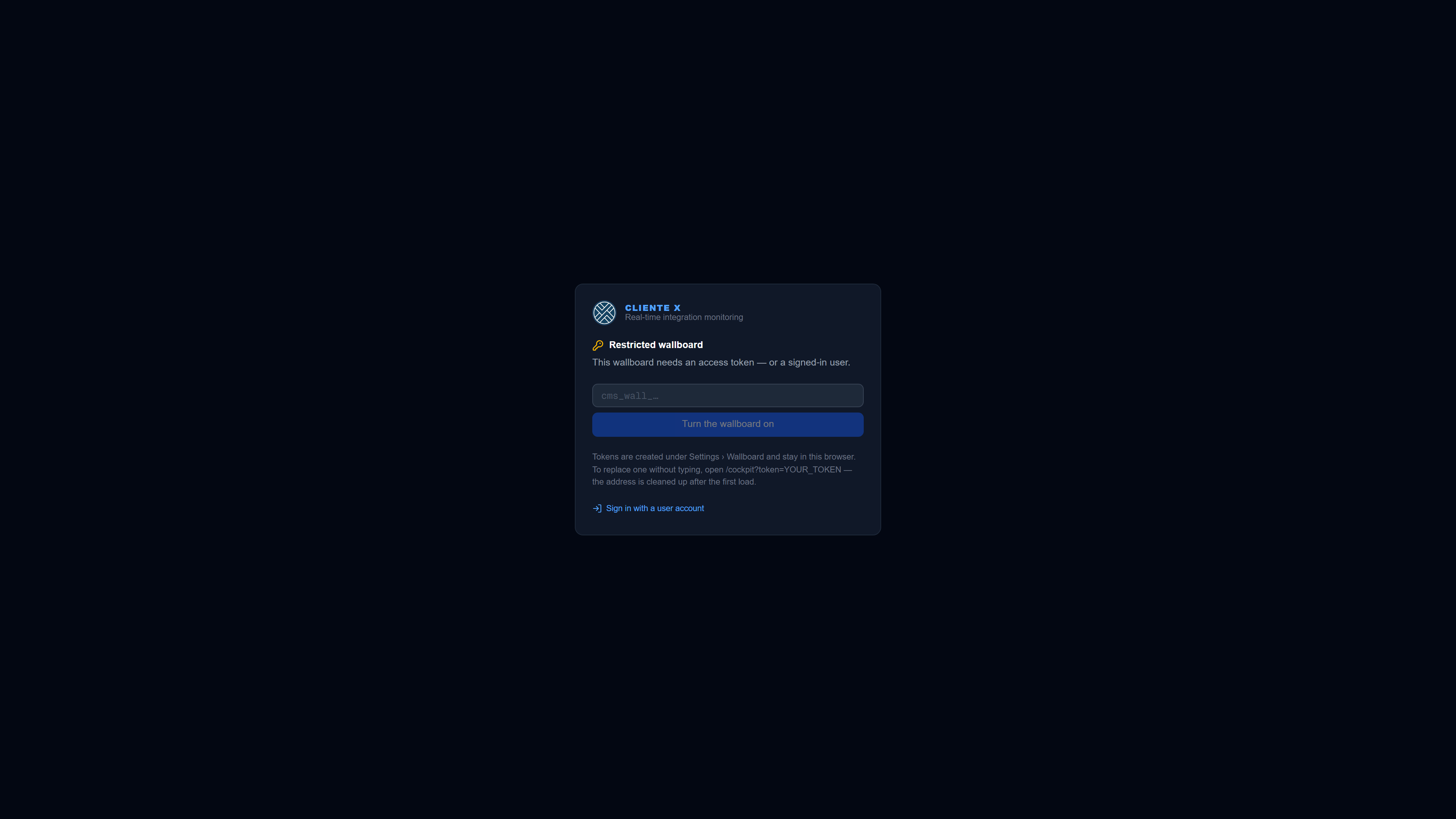 The board's door: a box to paste the token, and the way in with a user account