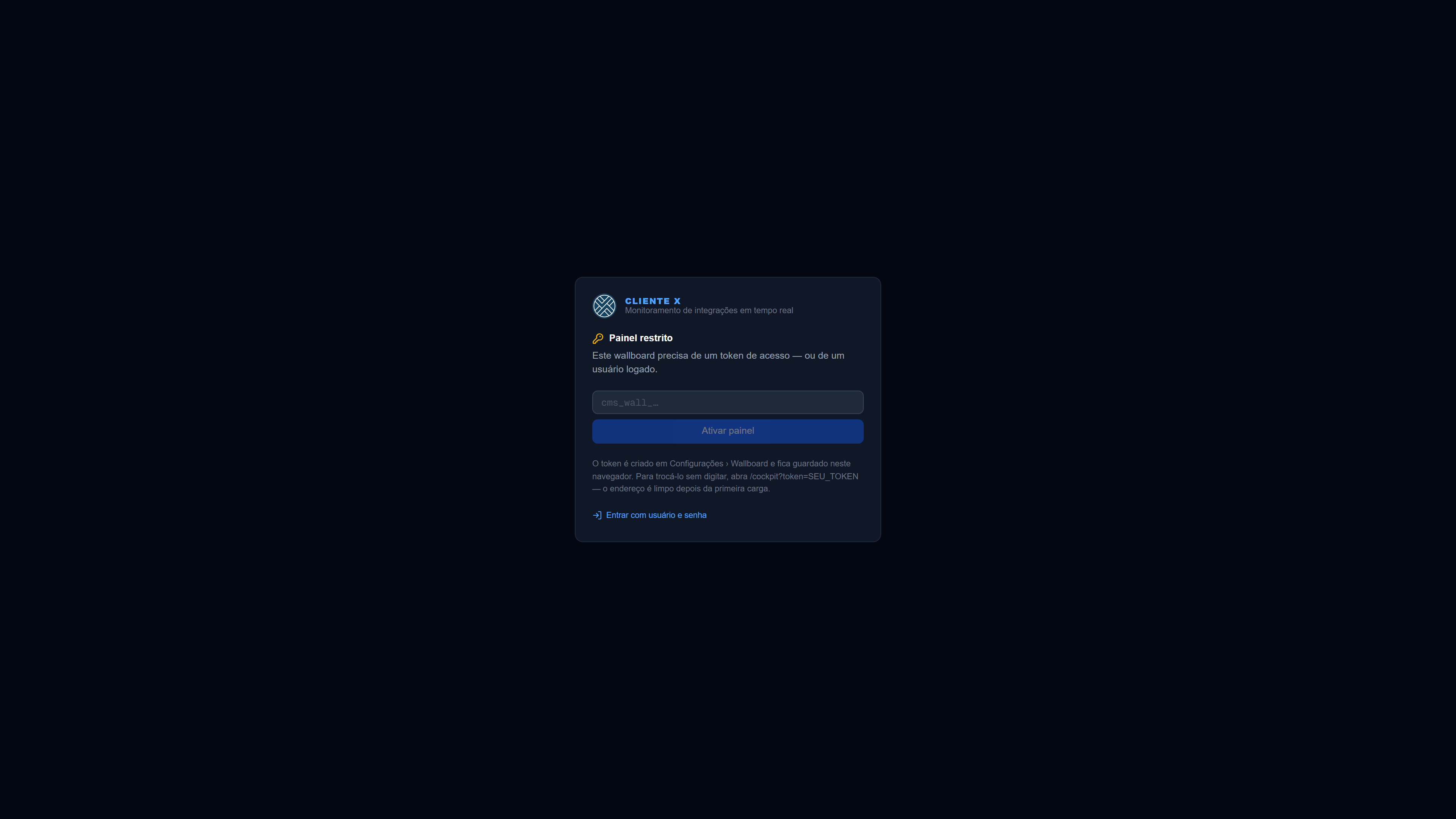 A porta do painel: uma caixa para colar o token, e o caminho de entrar com usuário