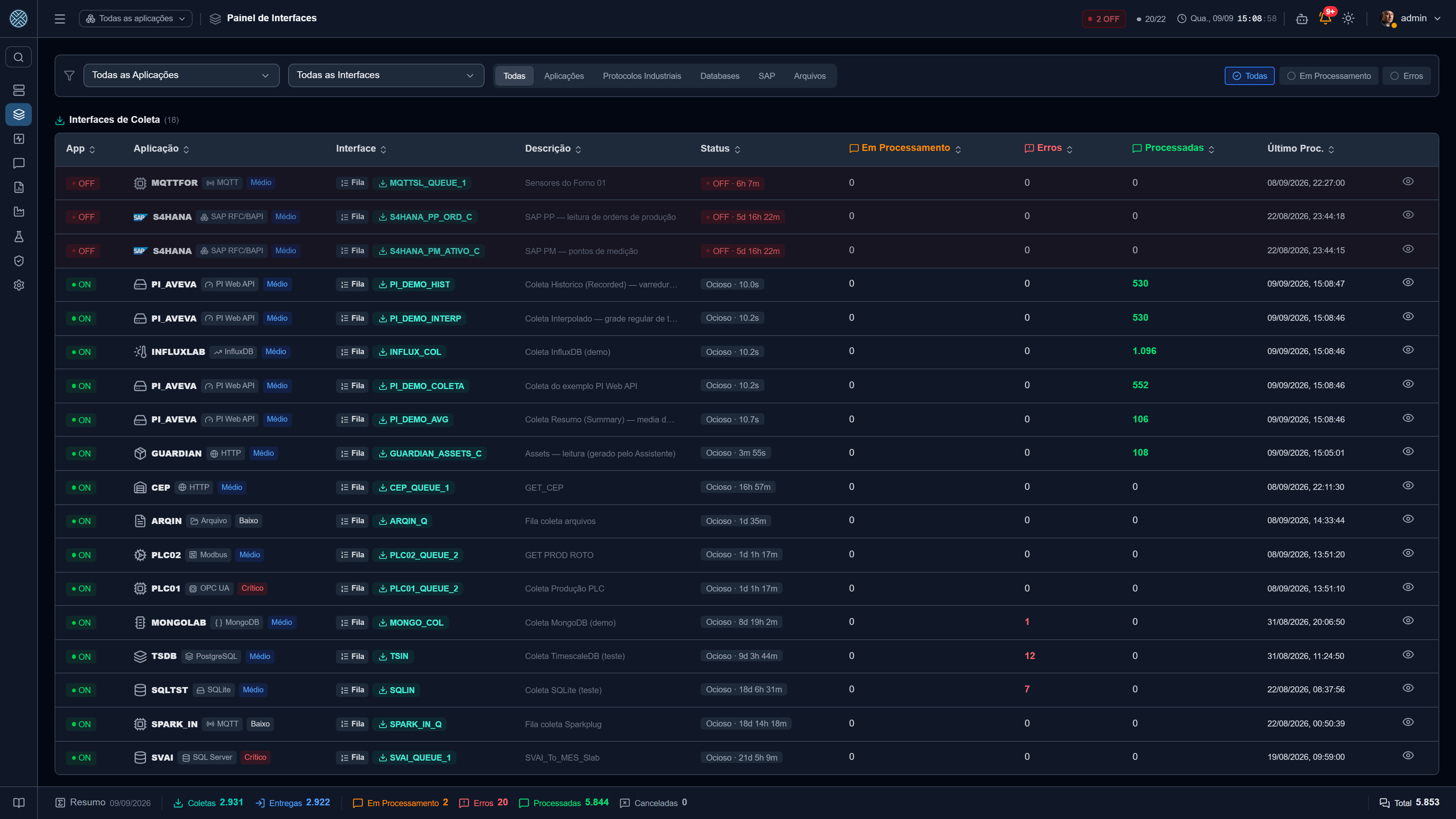 Interfaces de Coleta e de Entrega, com status, fila e erros