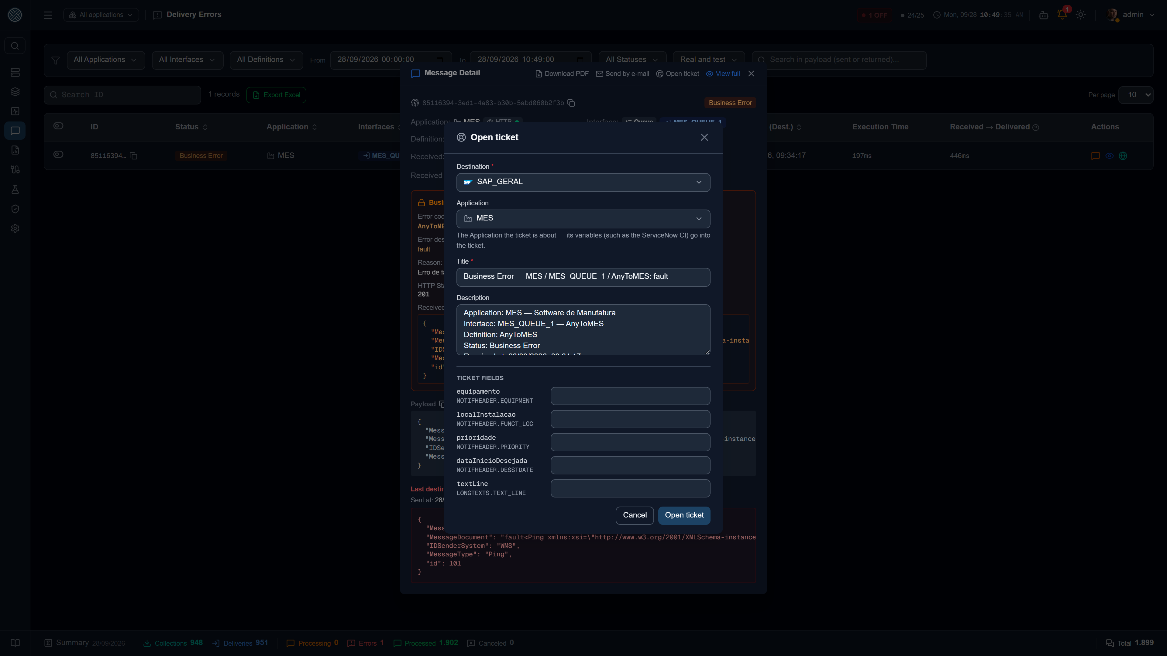 The Open ticket popup opened from a failed message, already filled in with the integration's context