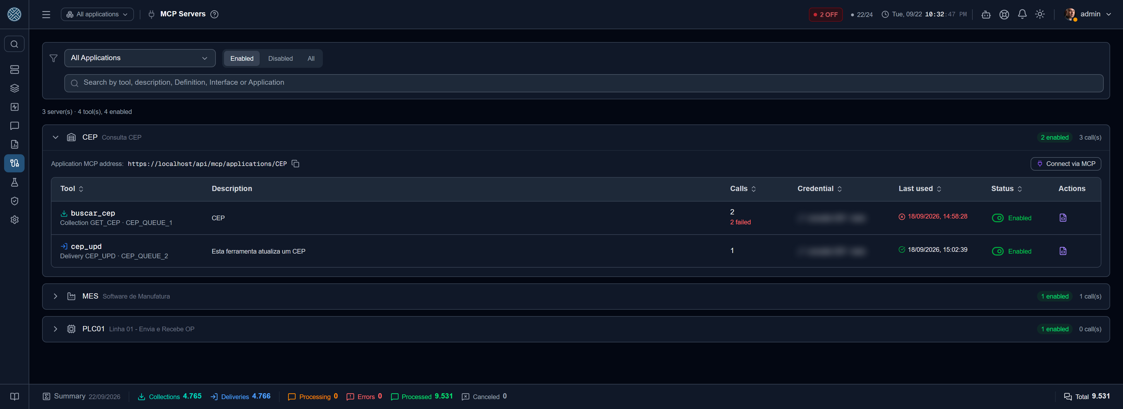Each Application with MCP tools is a server: usage per credential, status and contract