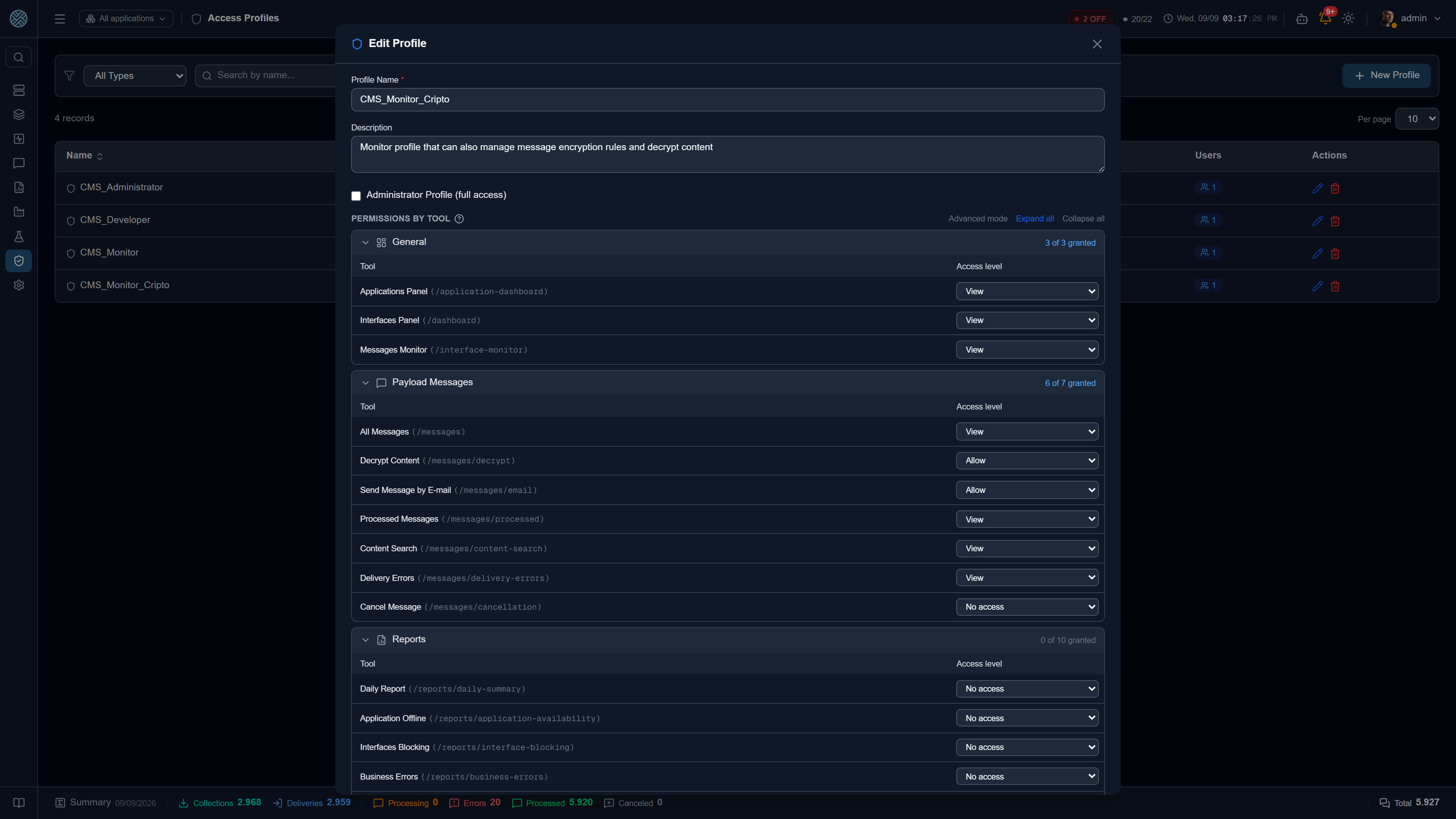 The access level chosen per Tool, inside the role