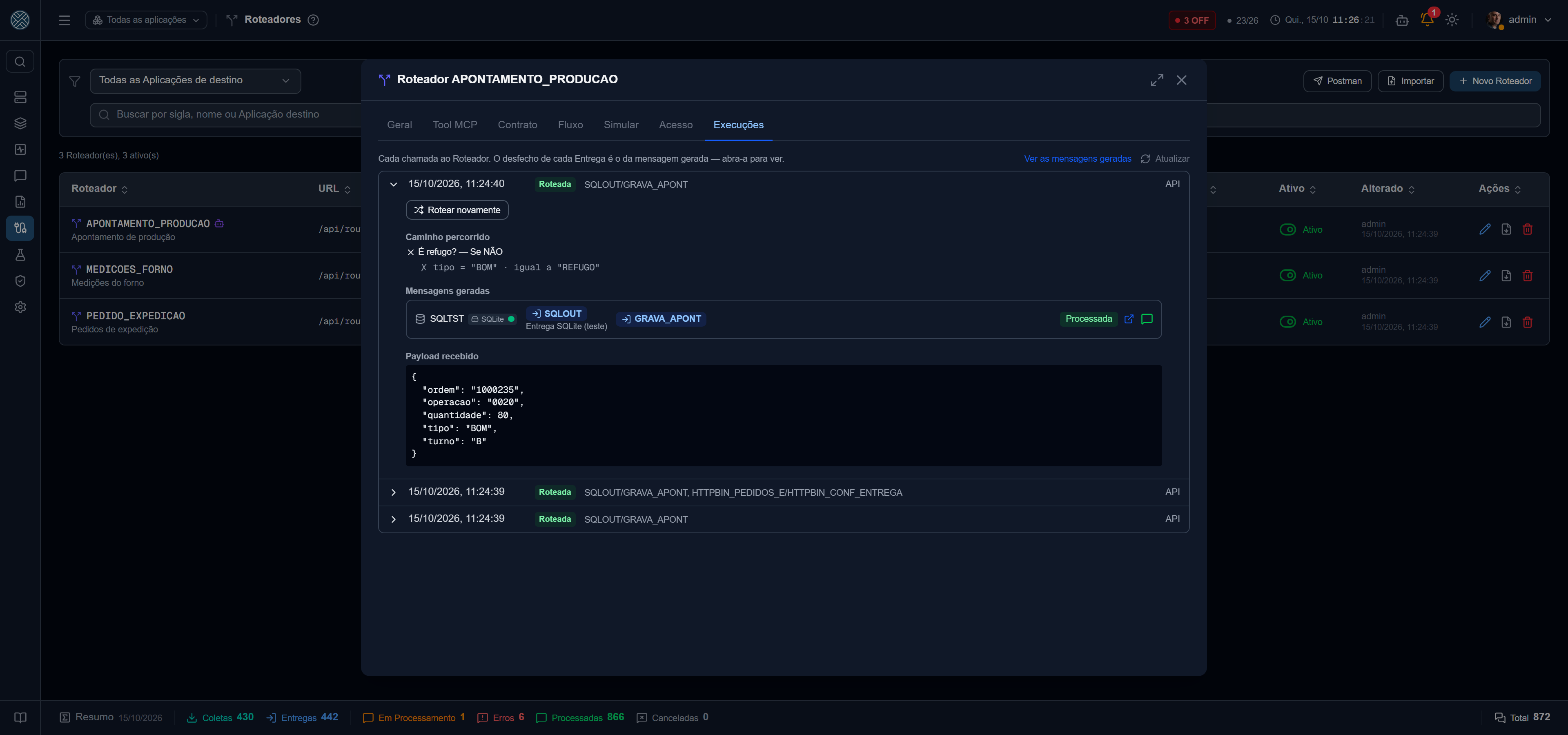 Execução aberta: caminho, mensagens geradas com Aplicação, Interface e Entrega, e o payload