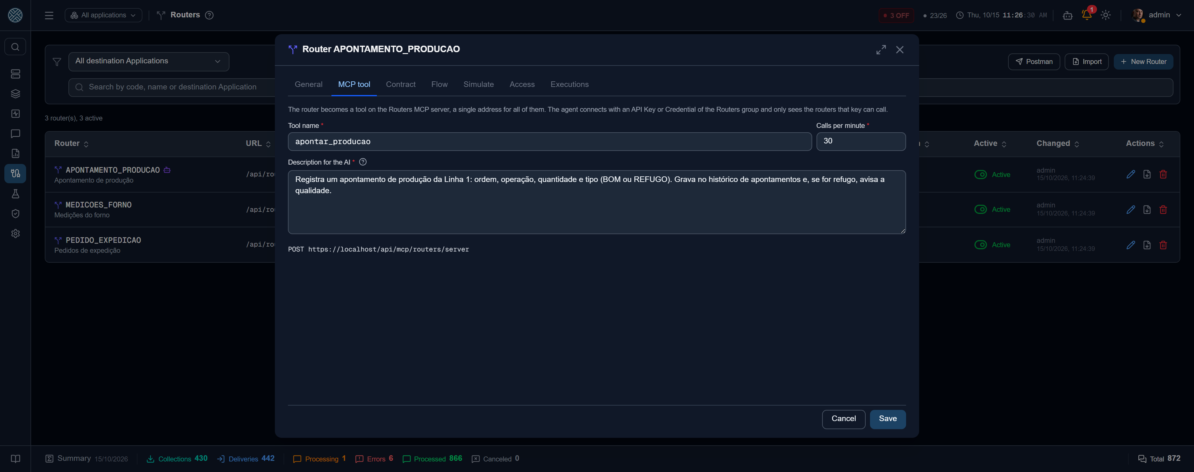 La pestaña Tool MCP: nombre, llamadas por minuto, descripción para la IA y la dirección del servidor de los Enrutadores