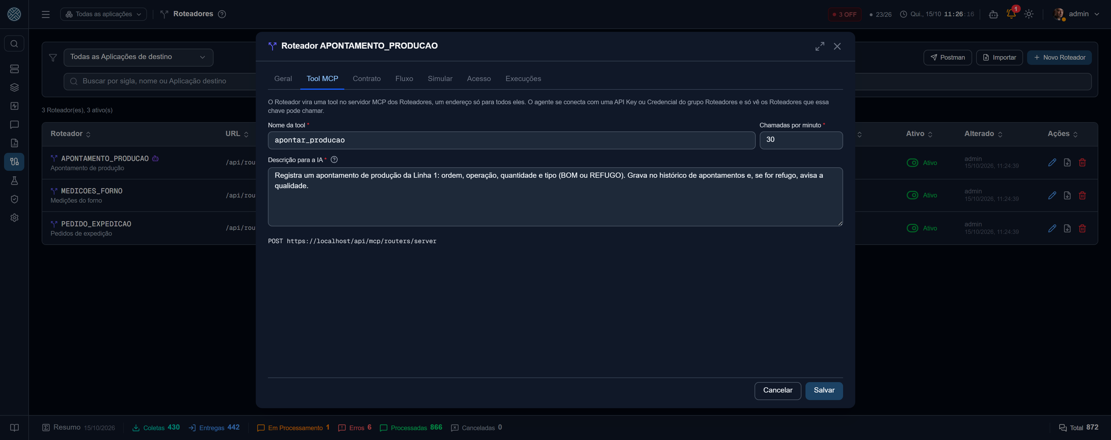 A aba Tool MCP: nome, chamadas por minuto, descrição para a IA e o endereço do servidor dos Roteadores