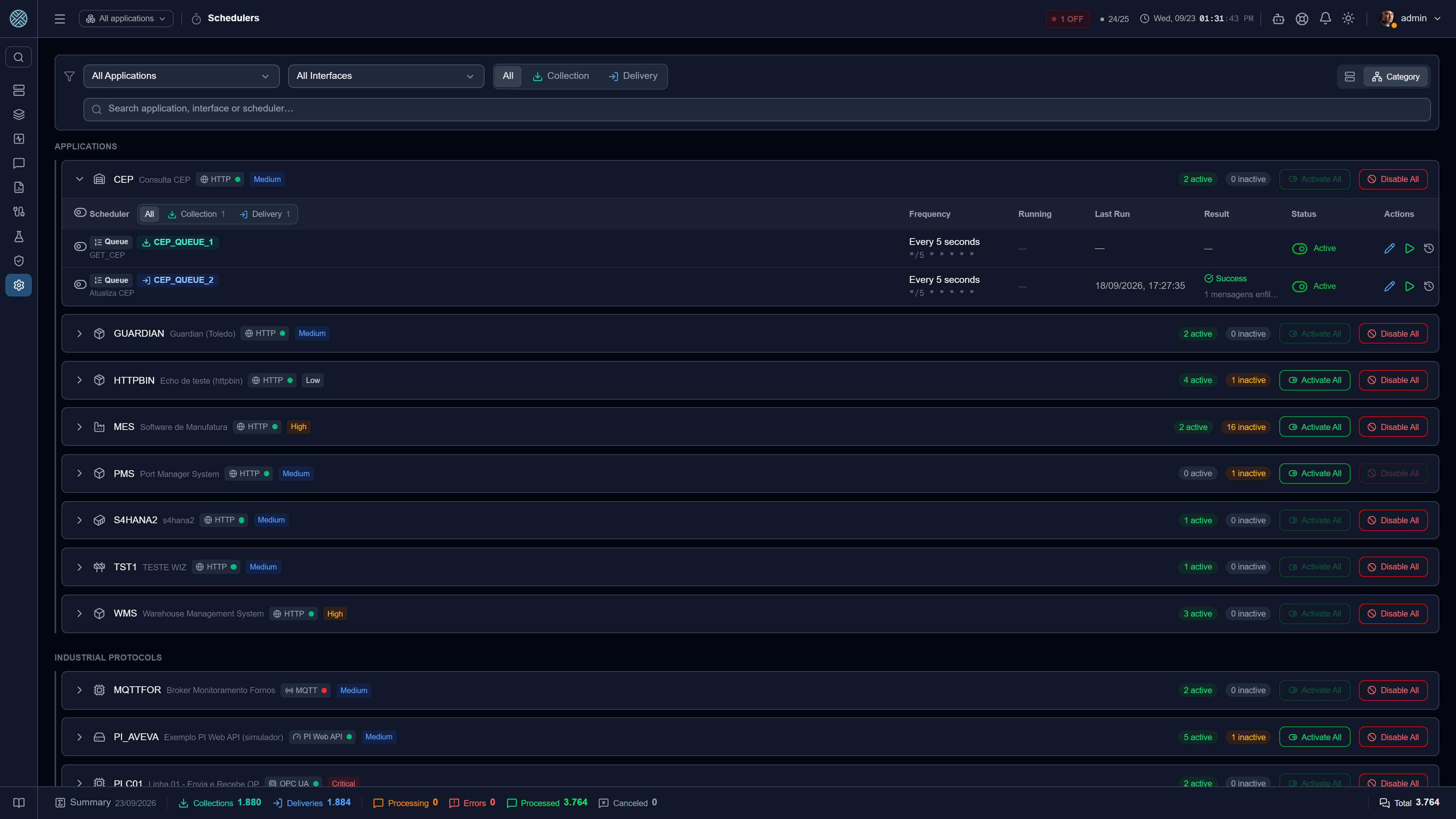 Schedulers grouped by Application, with frequency, state and manual run