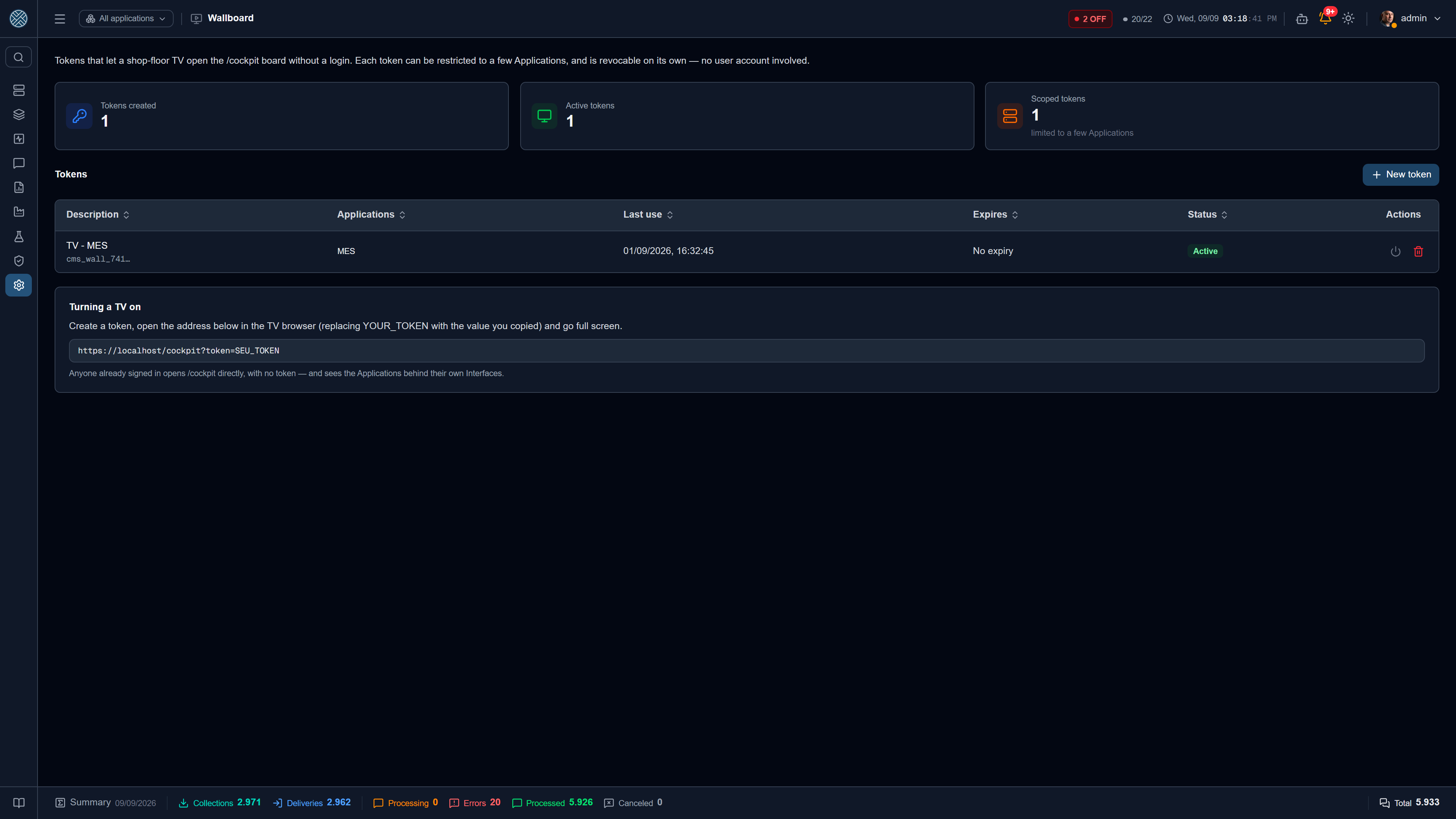Wallboard tokens, with per-Application scope, last use and status