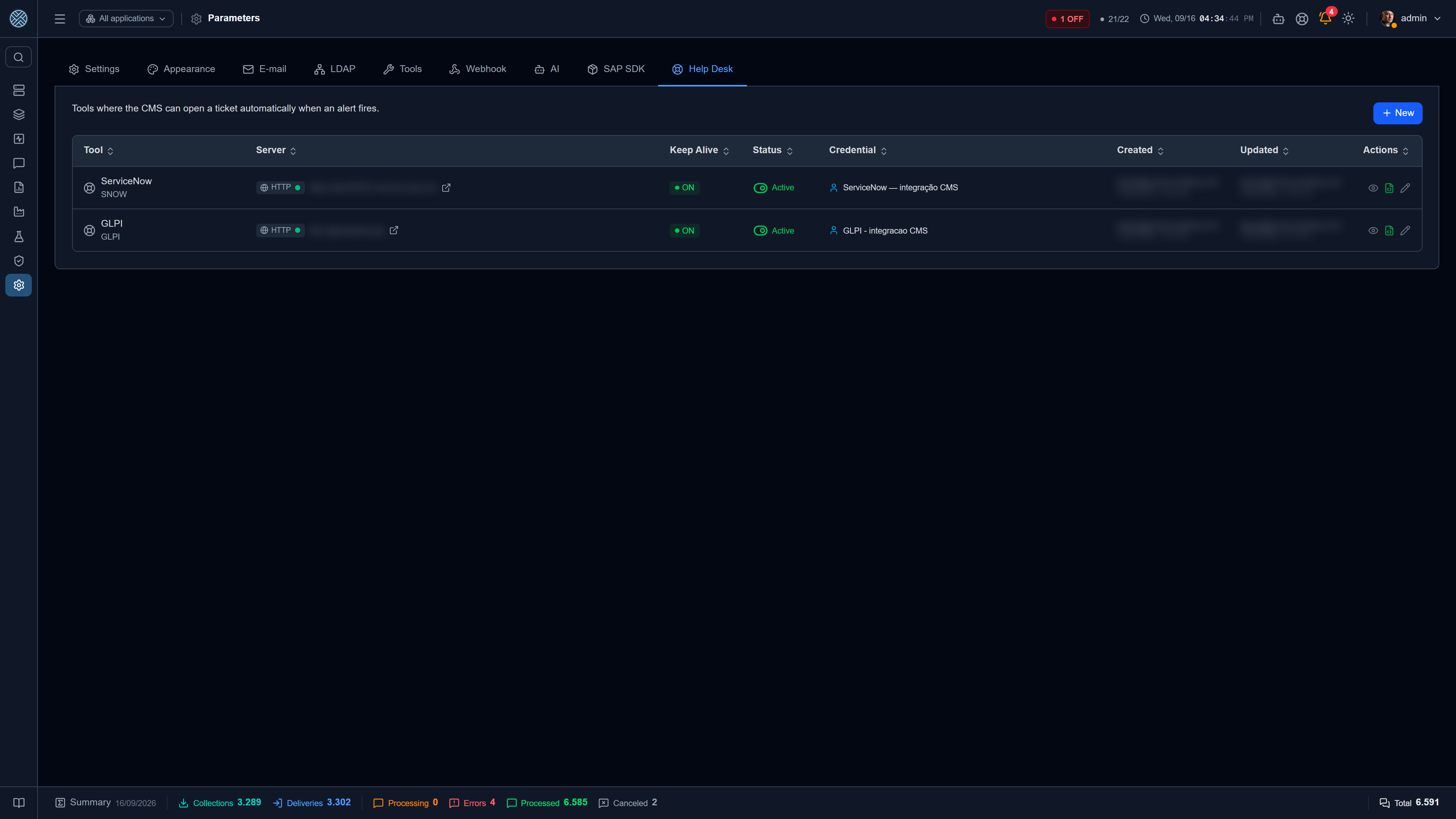 The activated tools, with connection, Keep Alive, status and credential