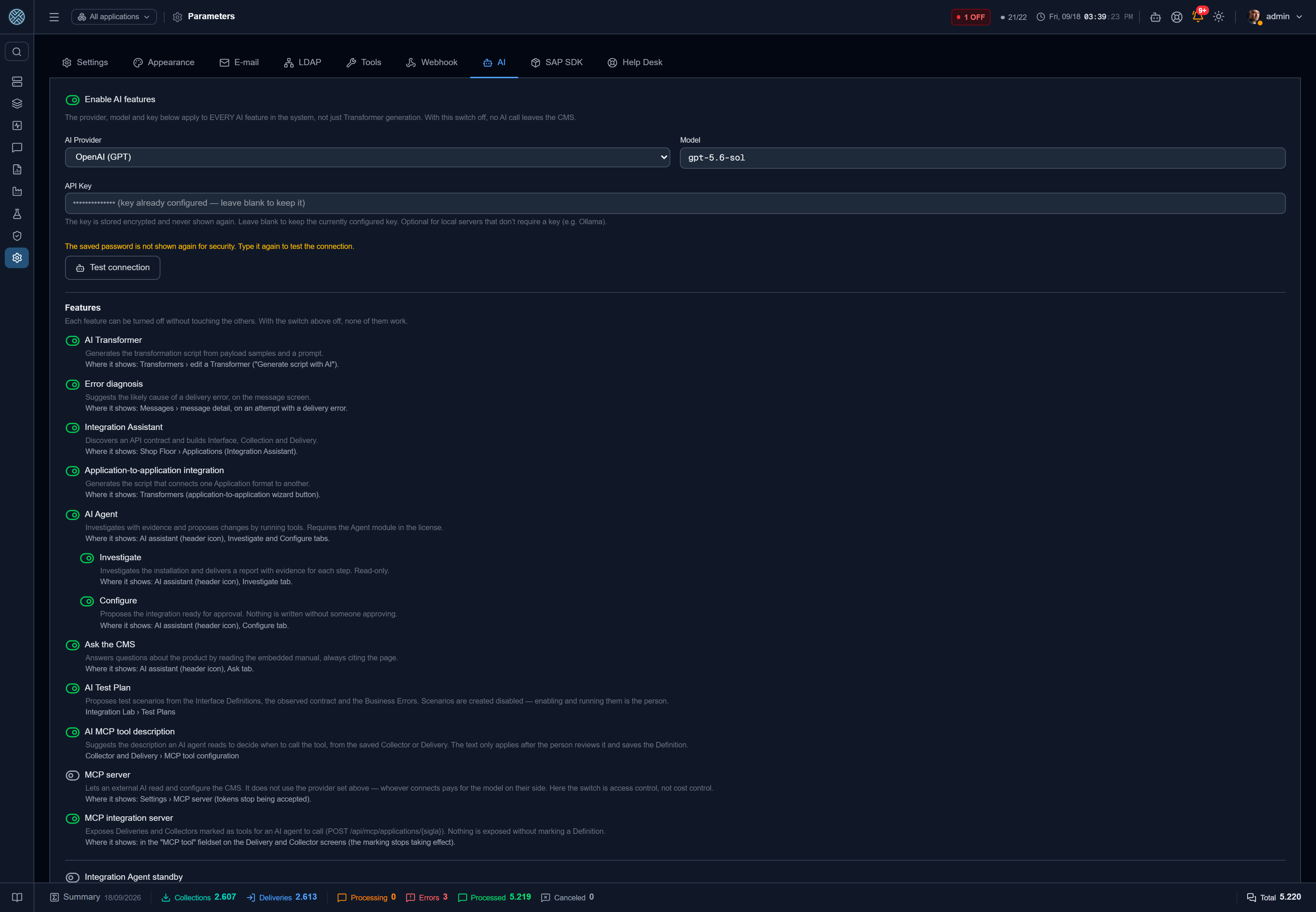 Provider, model and key — with a connection test