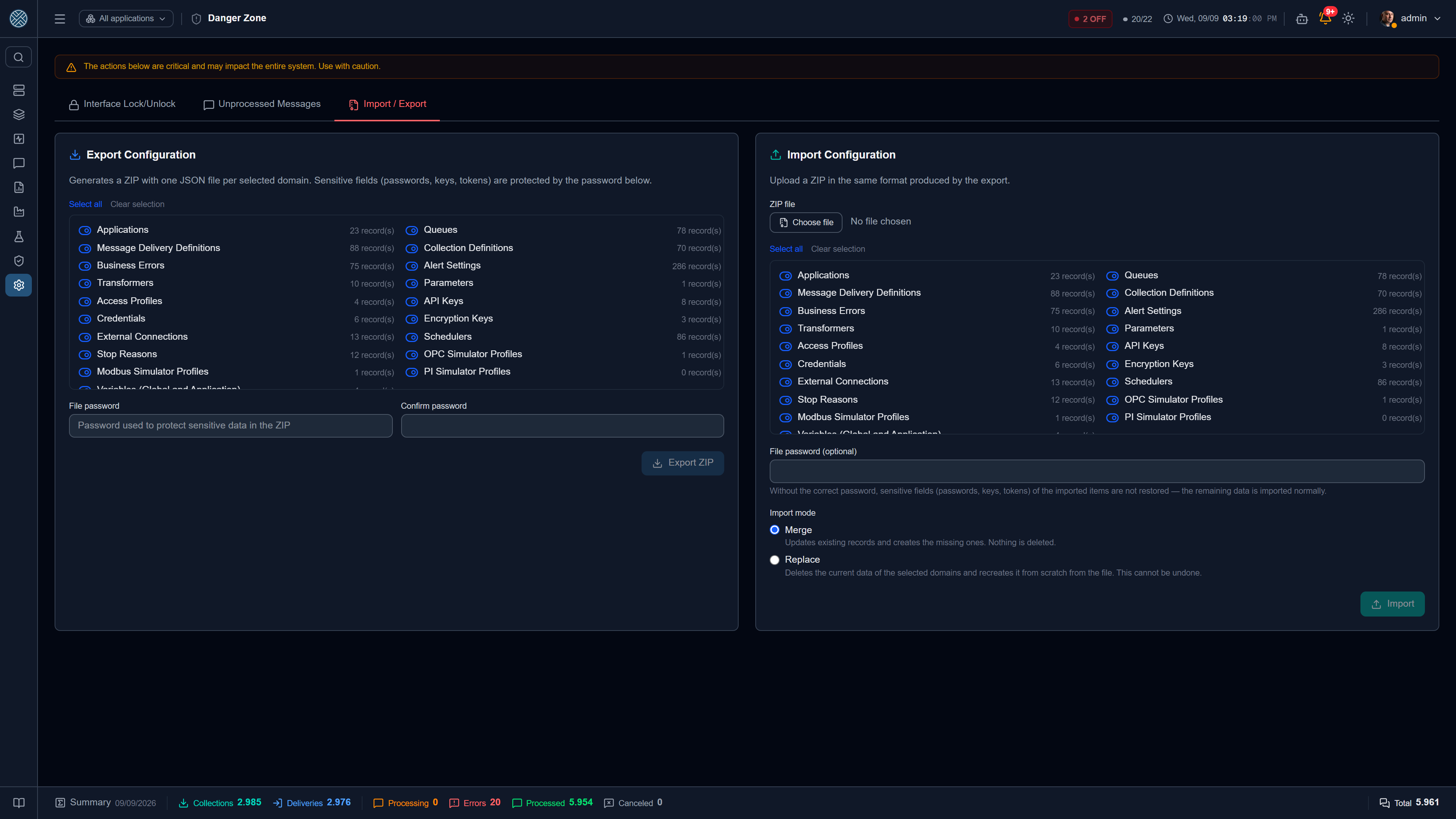 Export by domain, protected by a file password