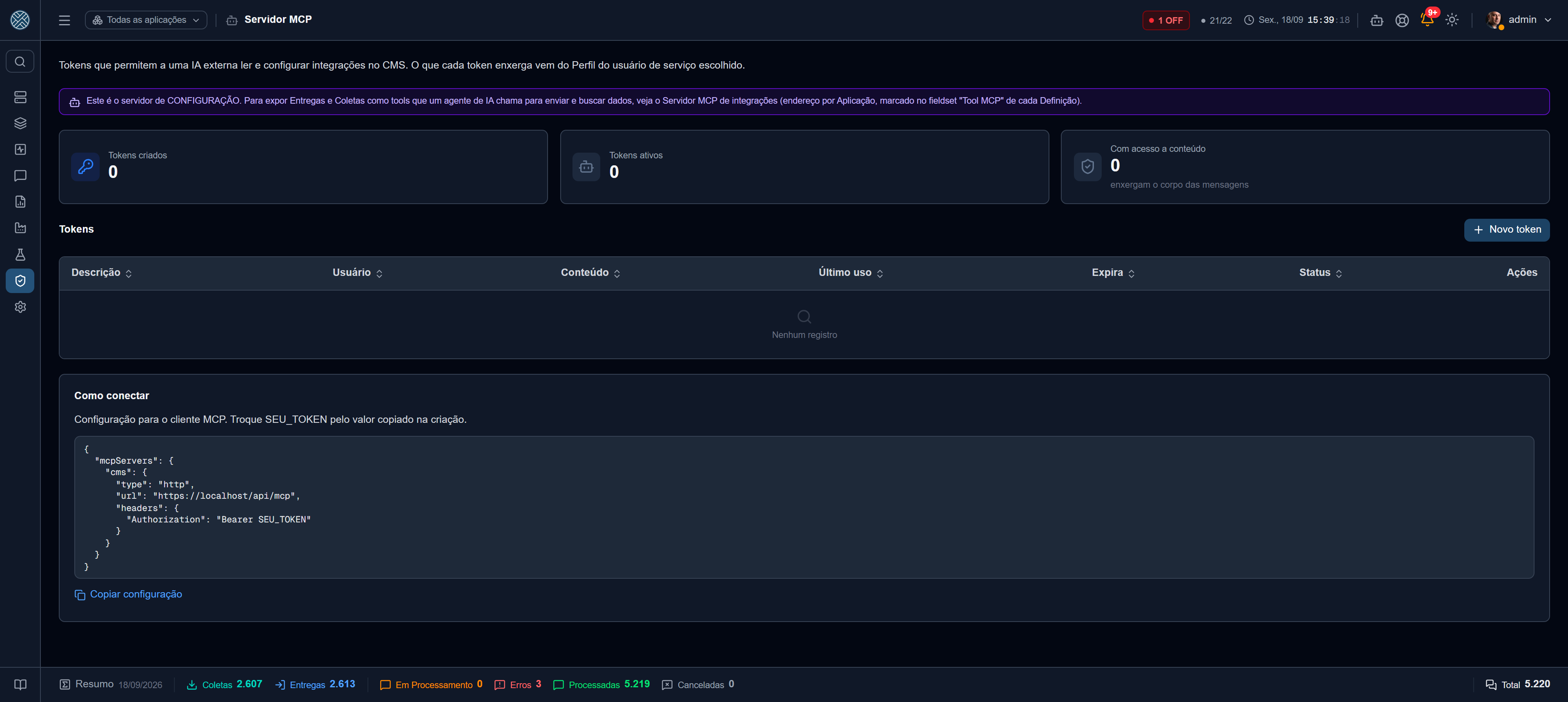 Tokens do servidor MCP, com usuário de serviço, último uso e validade