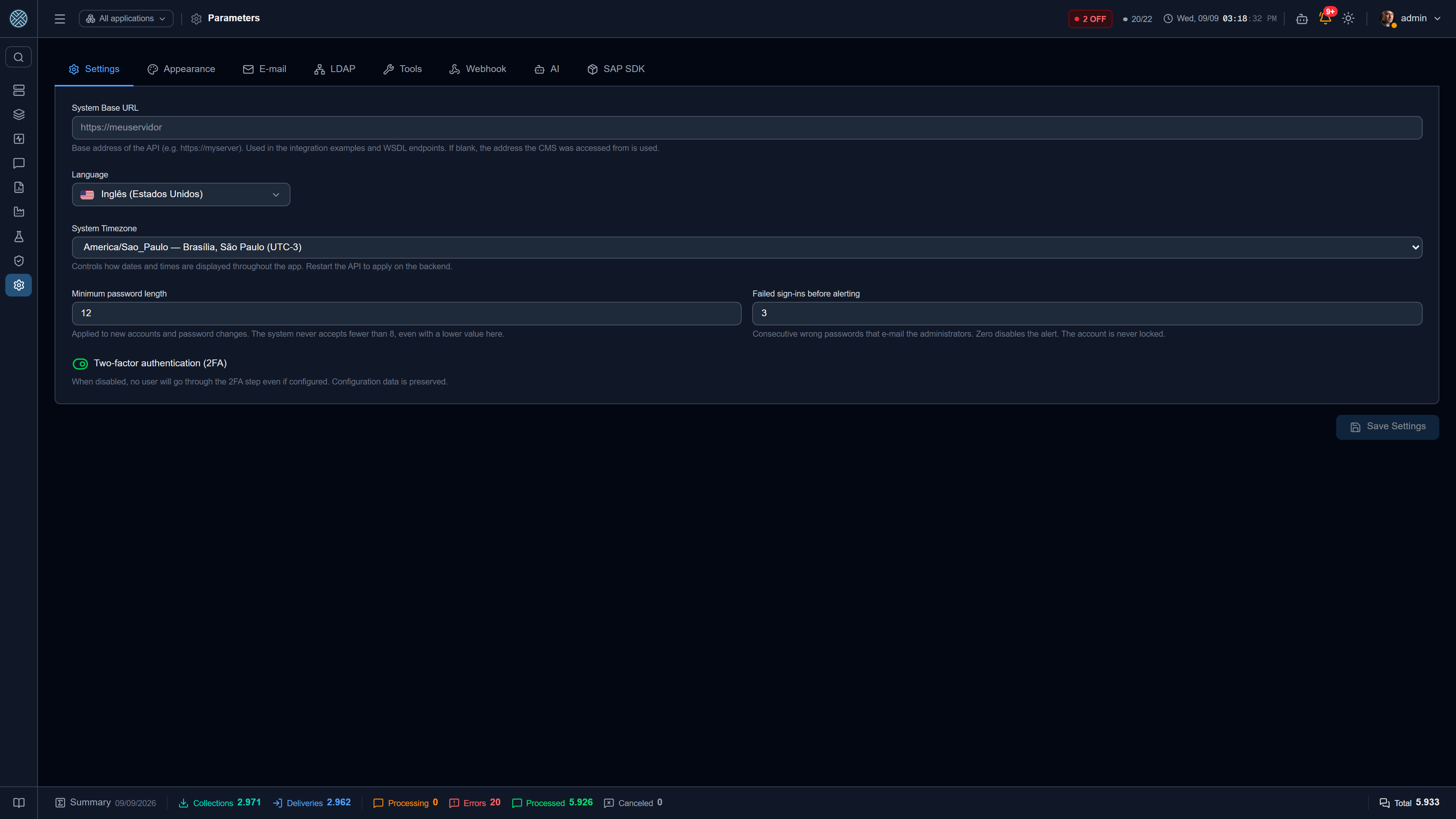 System parameters, organised in tabs