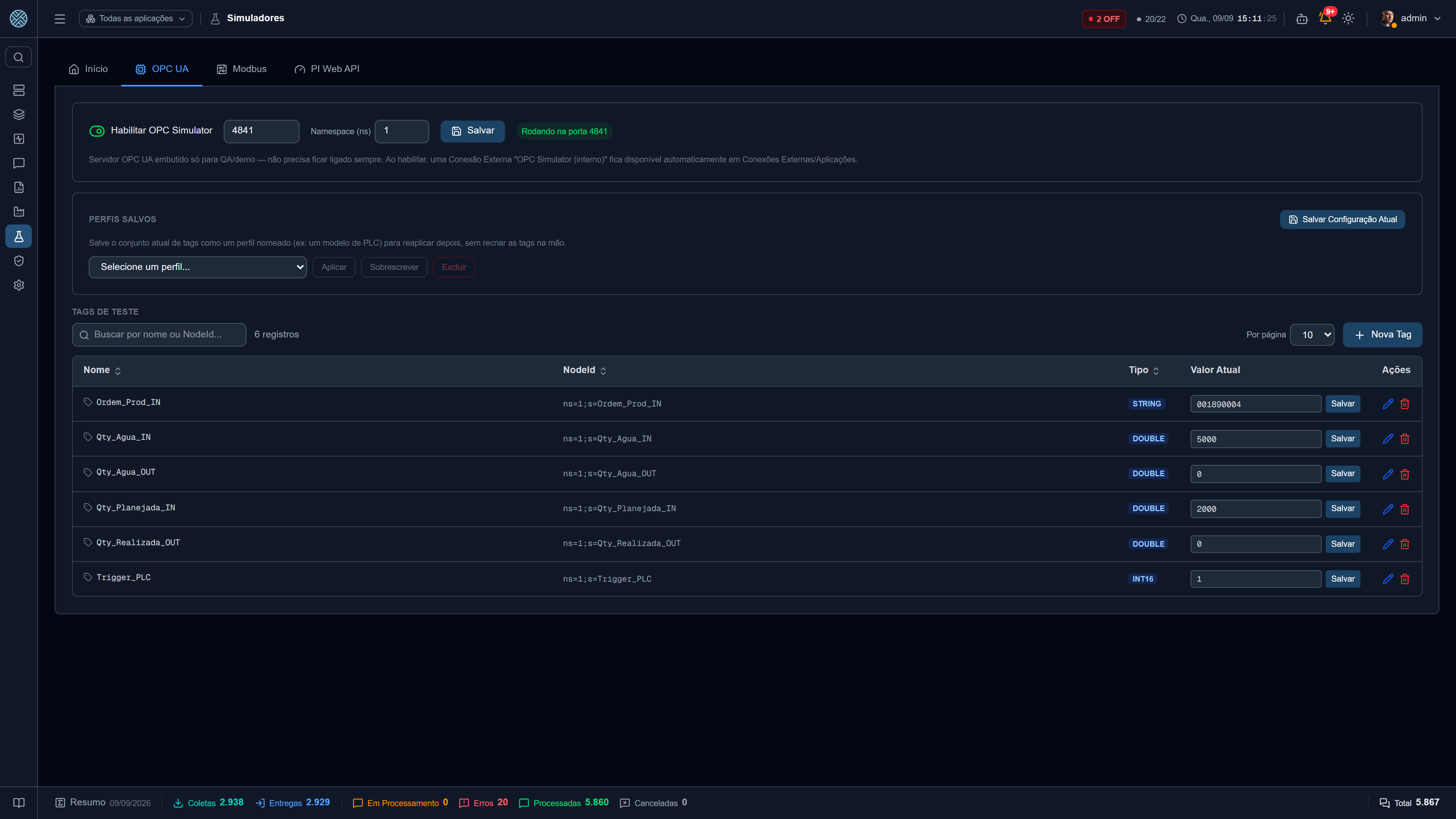 Servidor OPC UA embutido: porta, namespace e as tags de teste