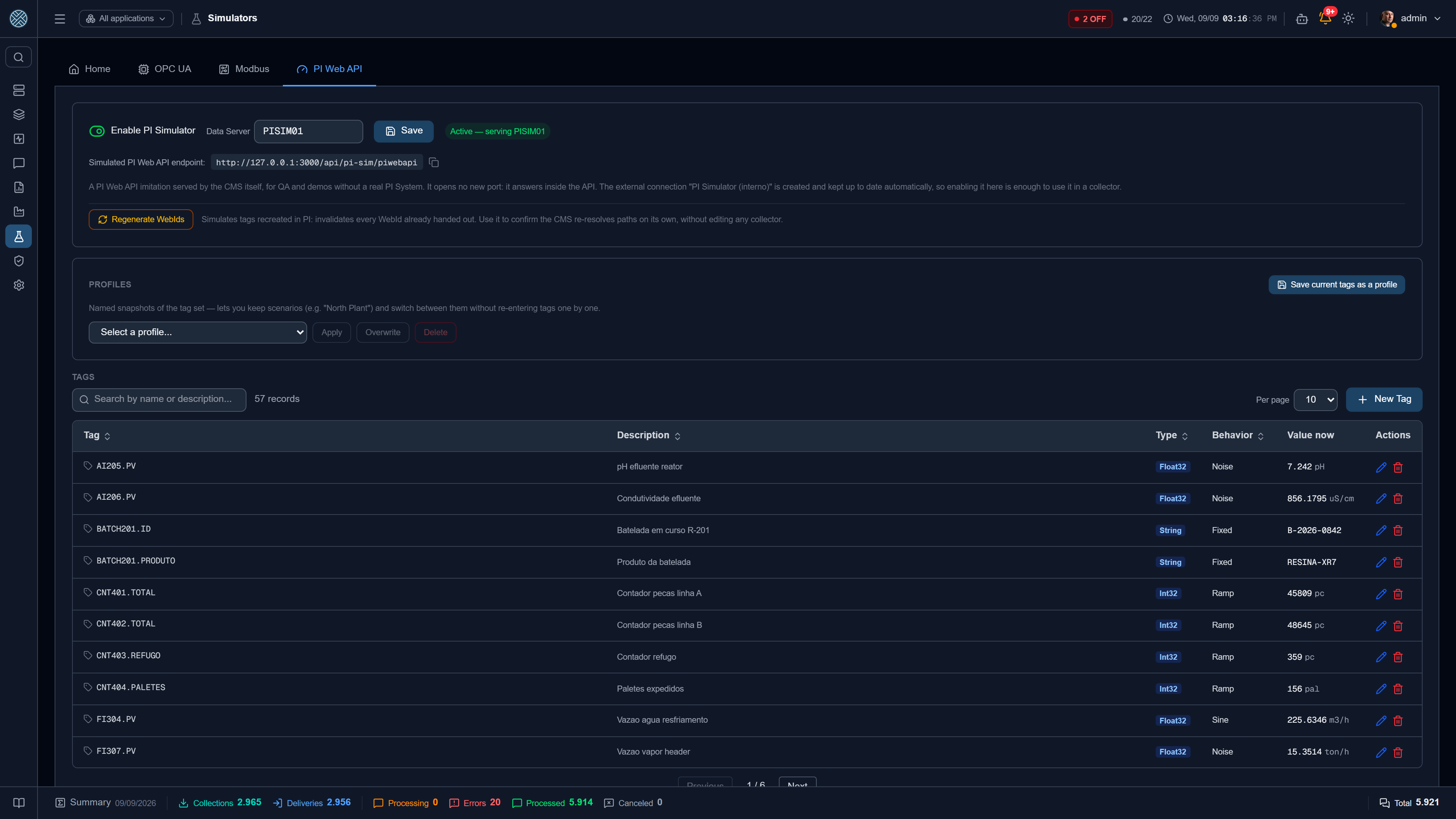 Simulated PI Web API, with tags that vary on their own over time