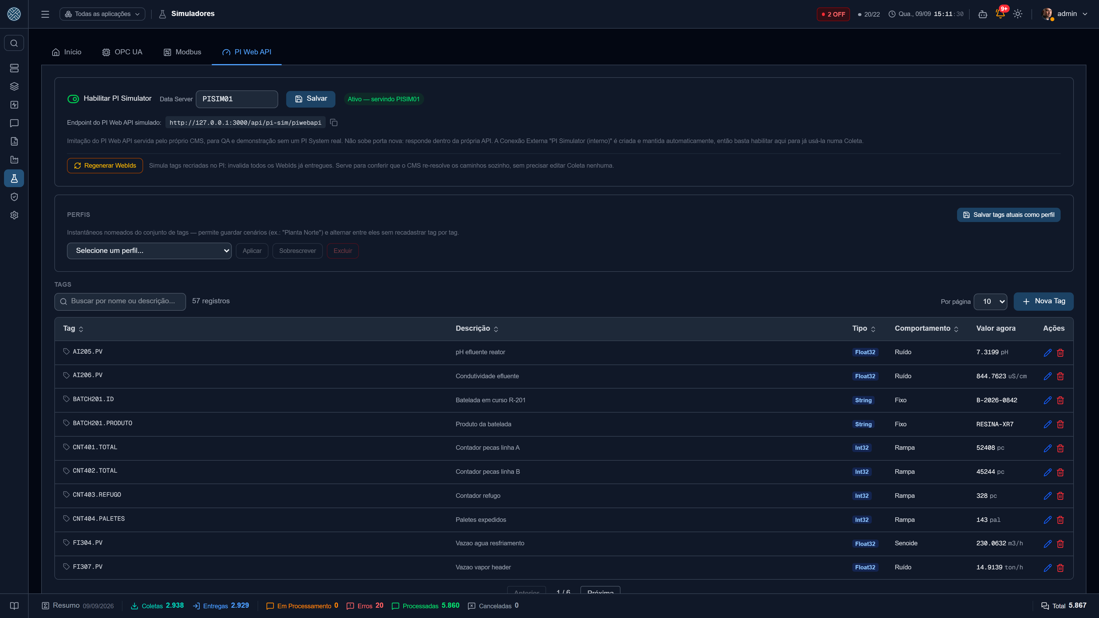 PI Web API simulado, com tags que variam sozinhas ao longo do tempo