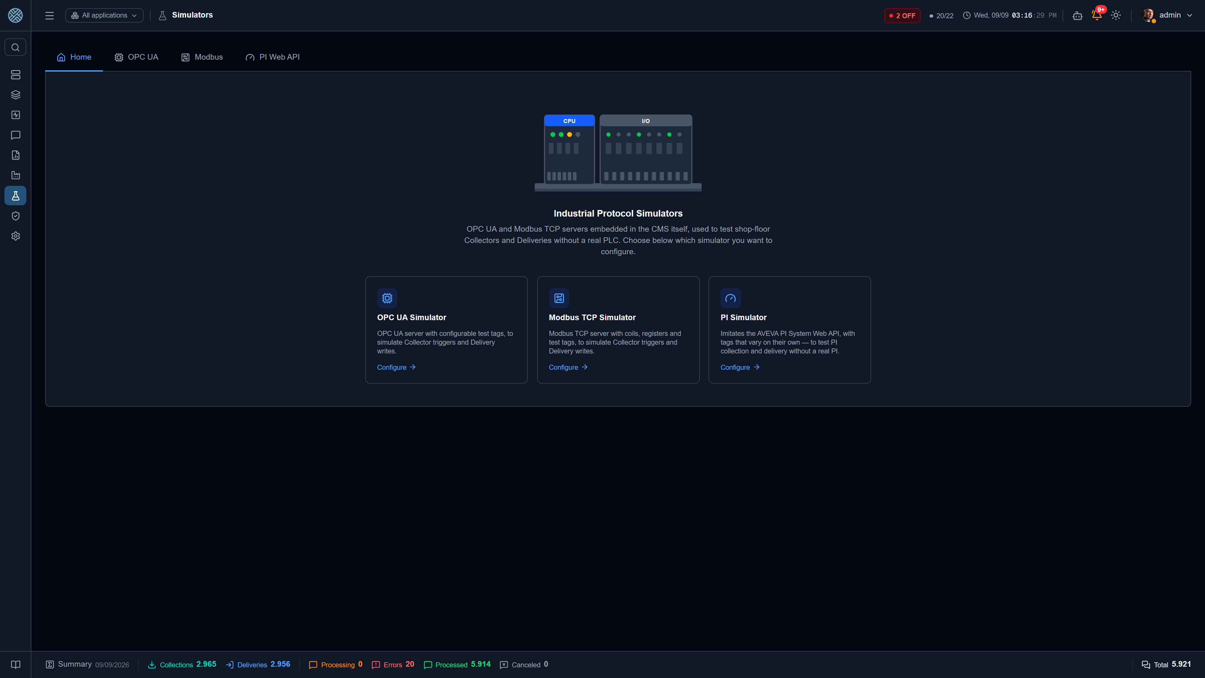 The screen opens on an index of the three available simulators