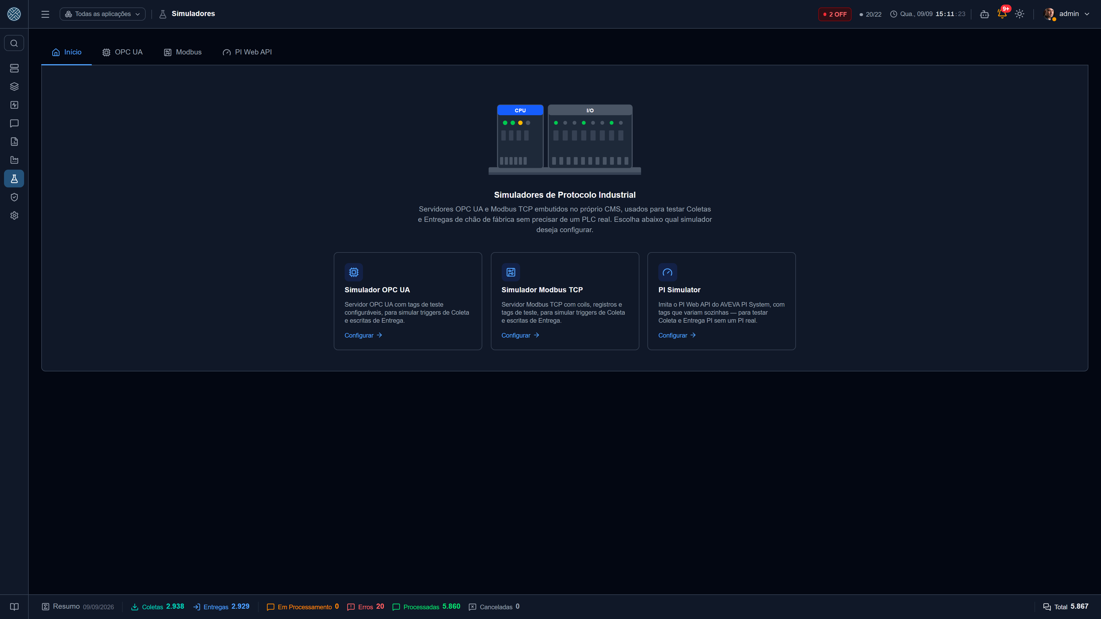 A tela abre num índice com os três simuladores disponíveis