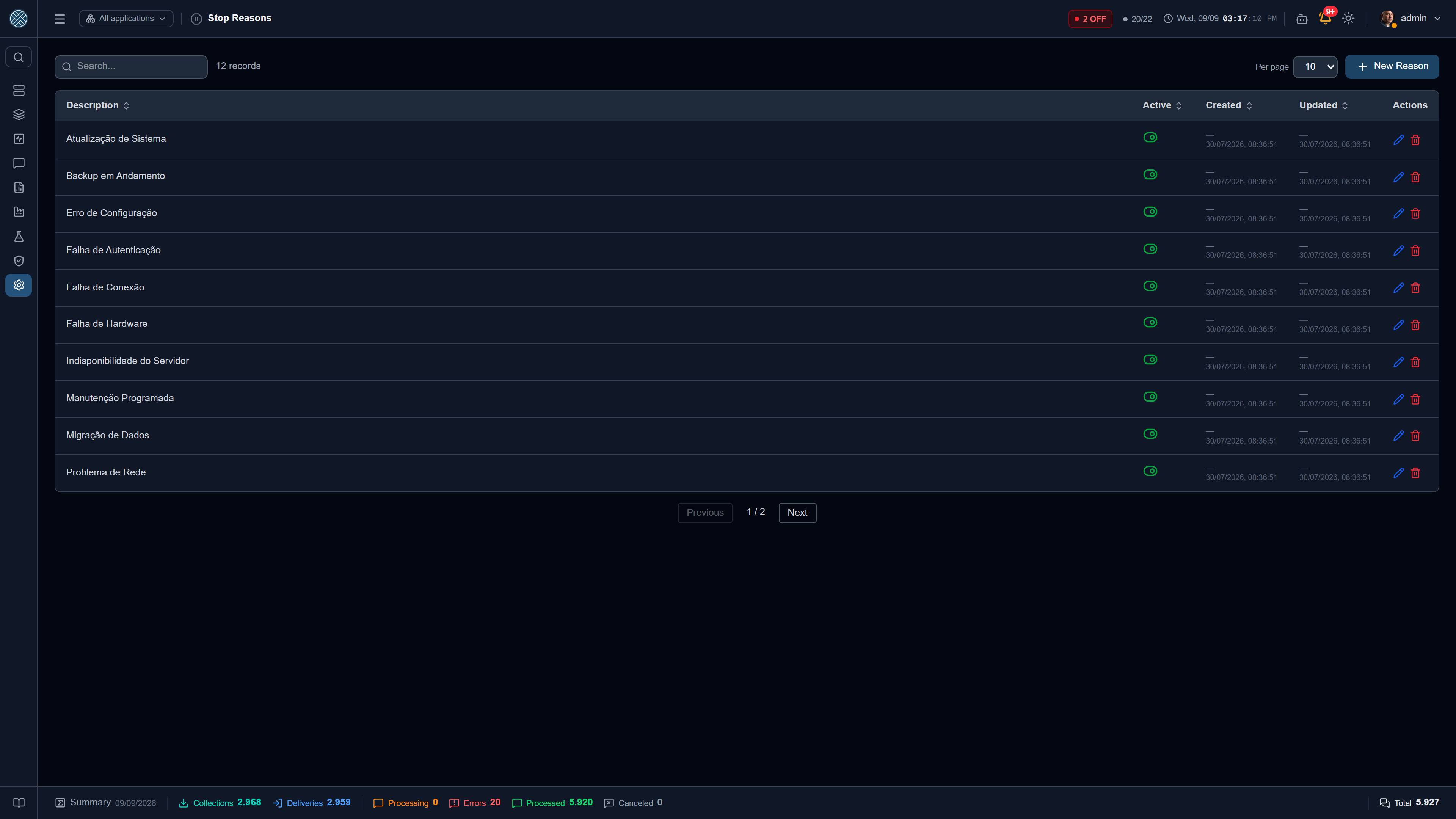 Catalogue of reasons, with description and active/inactive