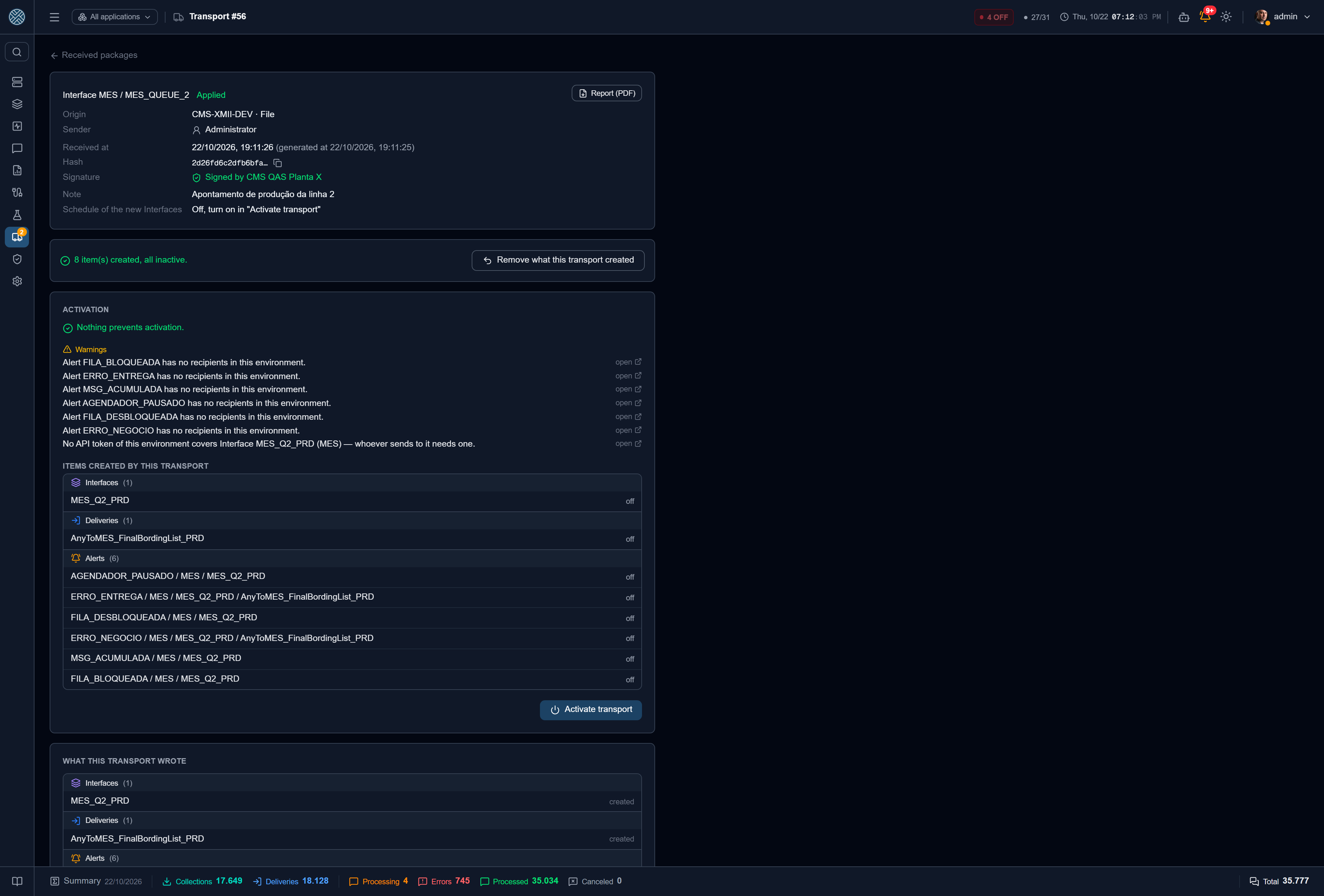 Package applied with a code change: checklist warnings and the created items, switched off