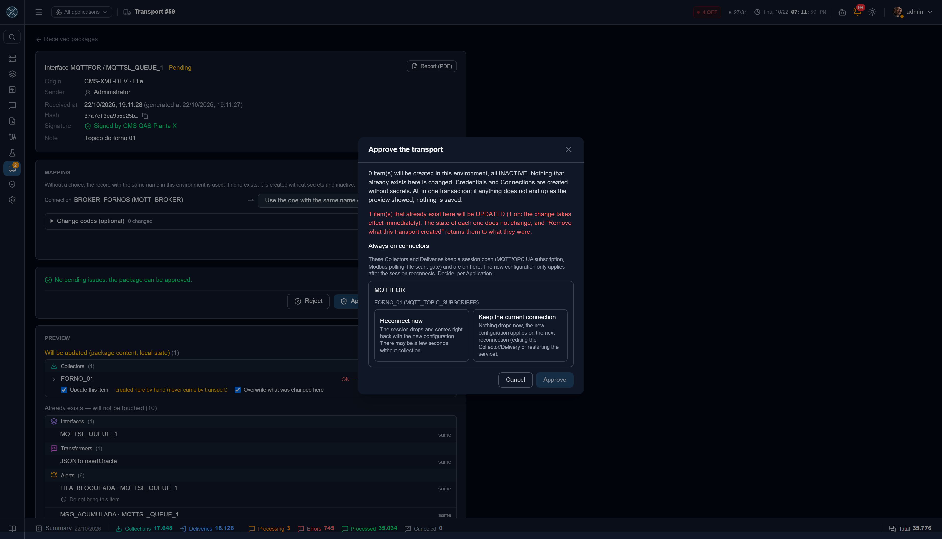 Approving while an active MQTT Collector is being updated: reconnect now or keep the session