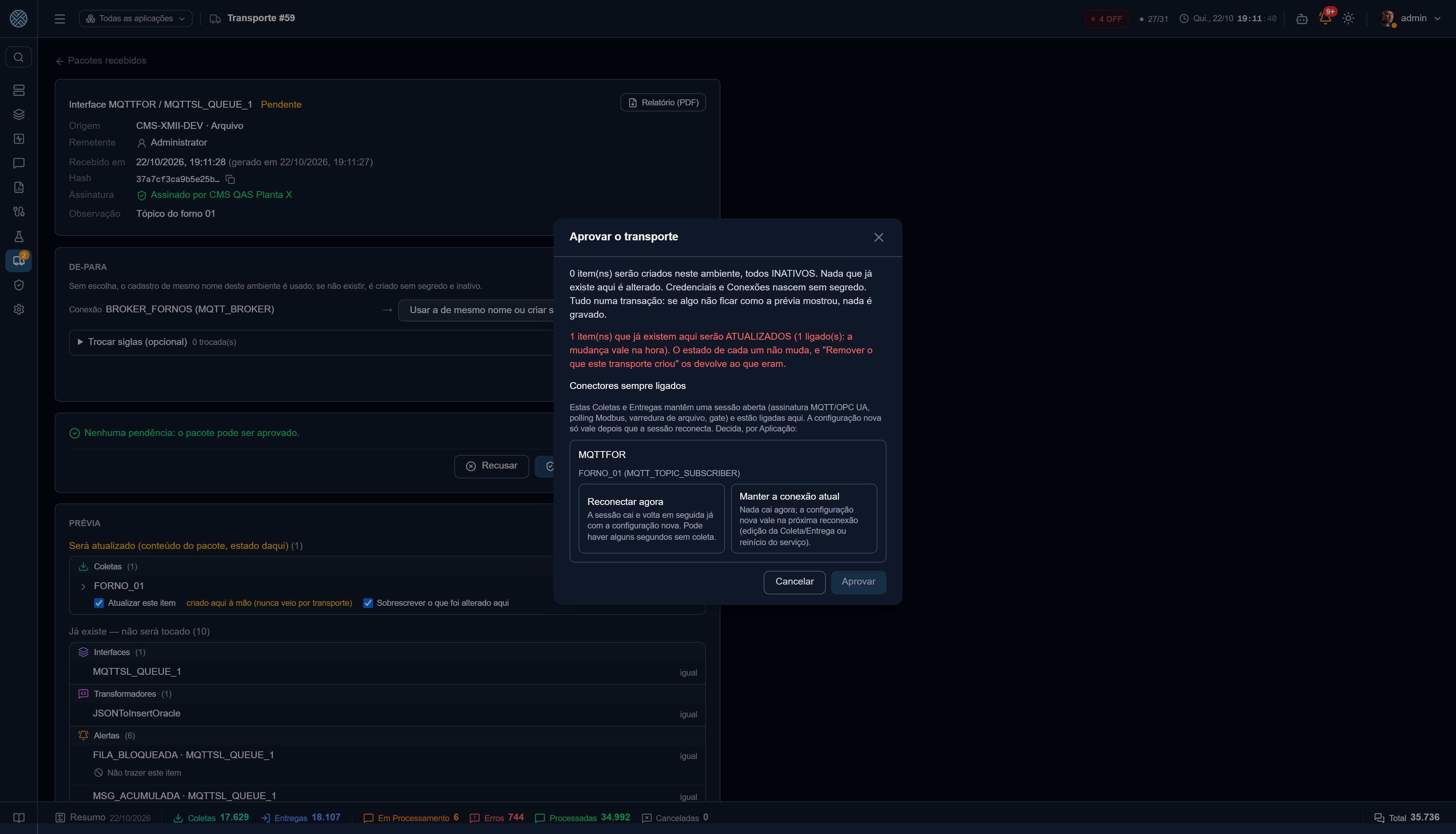 Aprovar com uma Coleta MQTT ligada sendo atualizada: reconectar agora ou manter a sessão