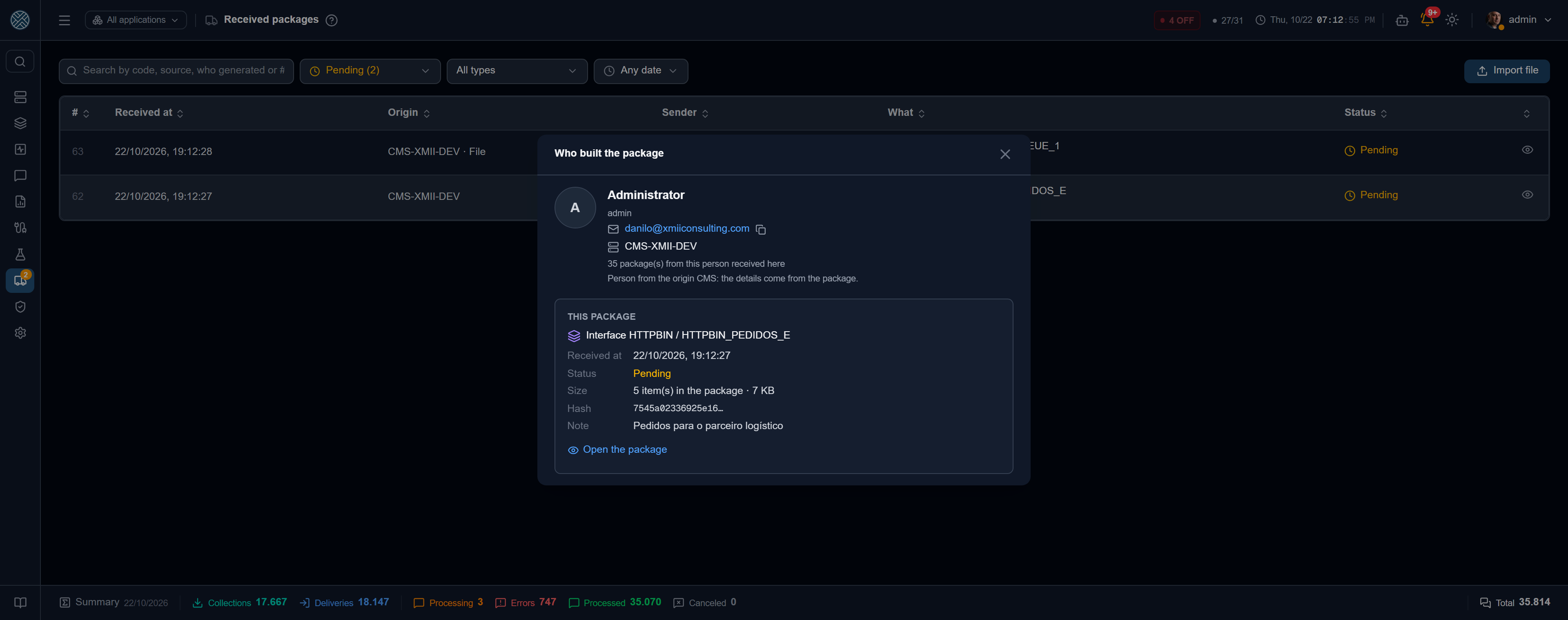 Who built the package: the person from the origin CMS and the package summary