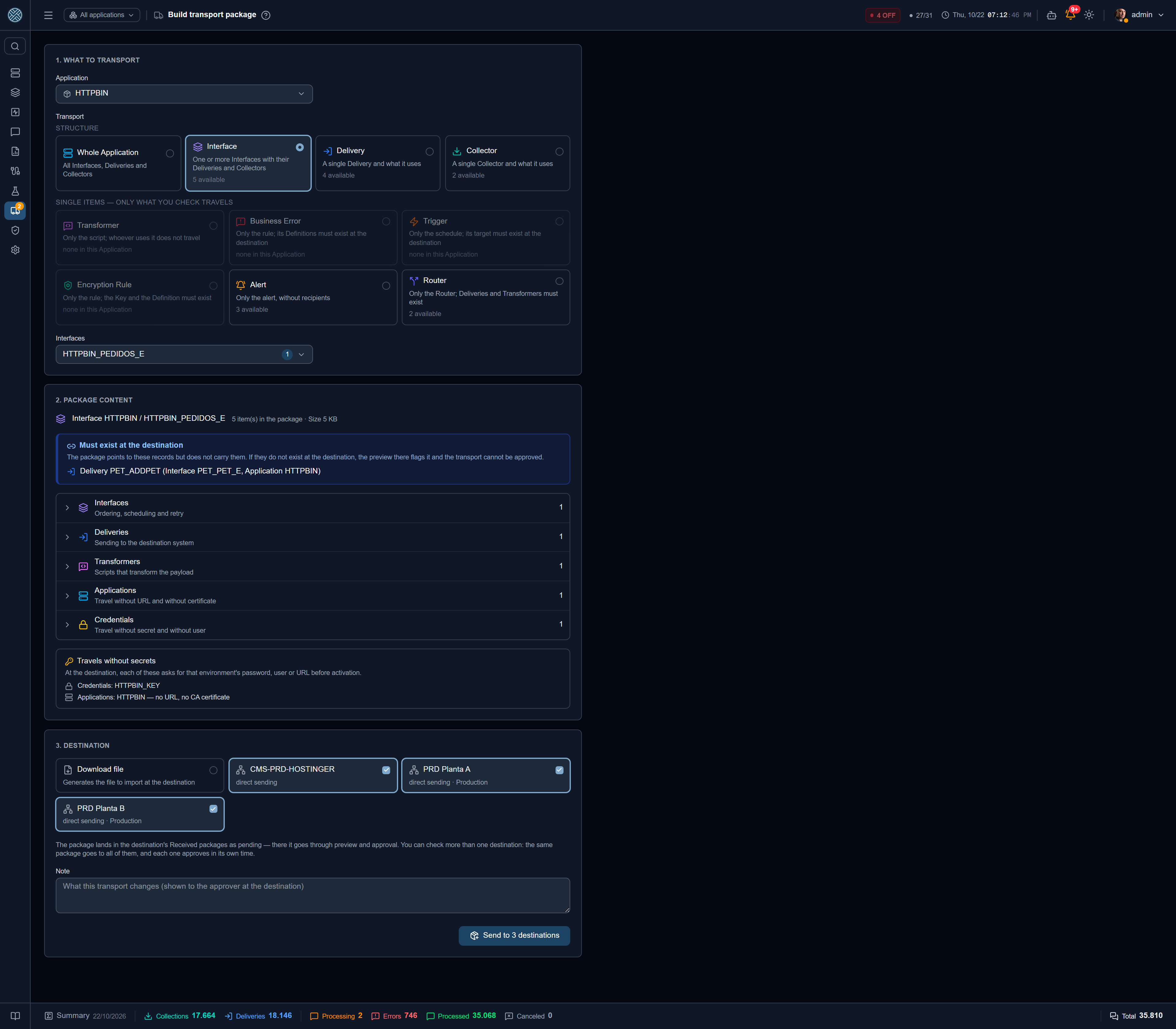 An Interface chosen, the content computed and two production plants checked as destinations