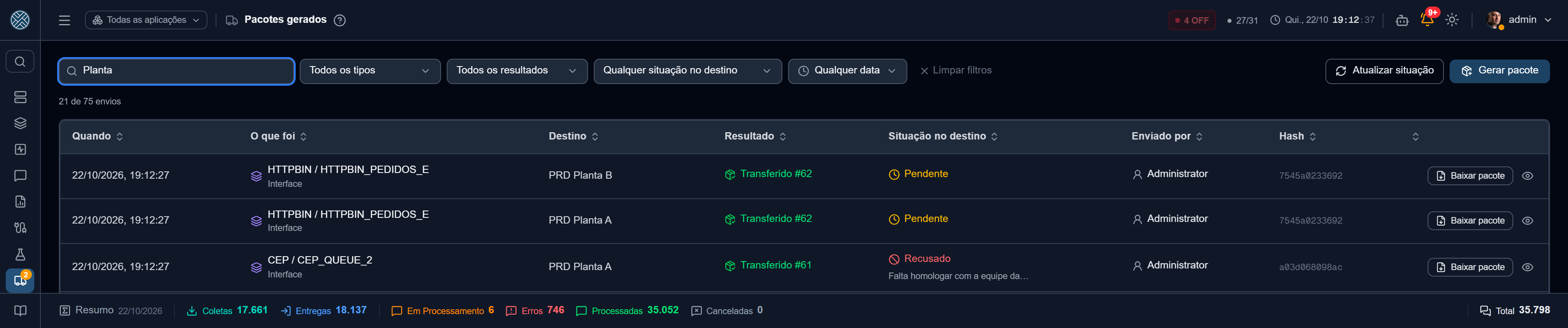 O mesmo pacote enviado a duas plantas, e outro recusado lá — com o motivo