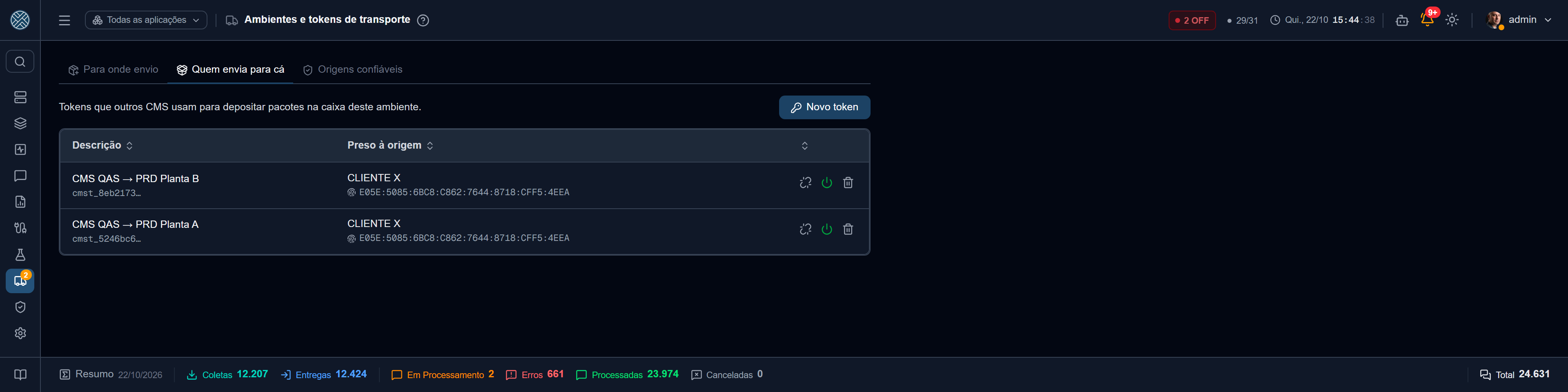 Tokens de quem envia para cá, presos à origem e à chave dela